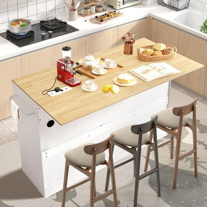 60" Kitchen Island with Power Outlet, Drop Leaf, Trash Can Storage | Rolling Kitchen Island Table Cart Cabinet with Drawer, Mobile Kitchen Cabinet on Wheels w/Spice Rack, Towel Bar, Hooks - color: White, size: 60"