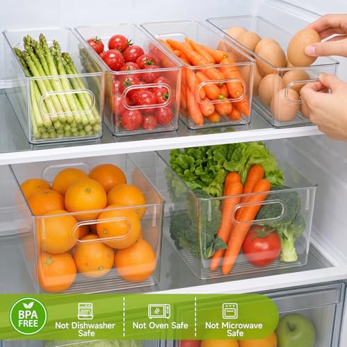 YKIOKE 8 Pack Clear Plastic Storage Bins with Handles, Stackable Organizer | BPA-Free, 4 Large & 4 Small Stackable Organizer Containers for Kitchen Cabinets, Countertops, Drinks, Fruits, Vegetables - size: 8-Pack