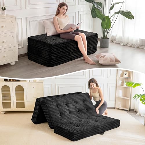 MAXYOYO Folding Sofa Couch Bed, 6 Inch Tri-Fold Floor Sofa Bed, Folding Mattress with Handles, Soft Faux Fur Folding Bed with Supportive Foam Filling, Portable Couch for Living Room, Twin, Black - color: Black, size: Twin