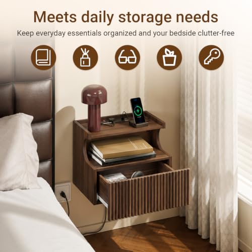 SoBuy Floating Nightstand with Charging Station and LED – Wall Mounted Bedside Table with Drawer and Shelf, Modern Floating Nightstand for Bedroom and Living Room, Walnut Wood Finish FBT180-E-N - color: Walnut, size: Wall Mounted