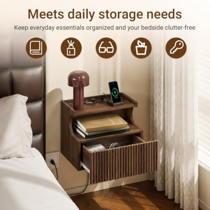 SoBuy Floating Nightstand with Charging Station and LED – Wall Mounted Bedside Table with Drawer and Shelf, Modern Floating Nightstand for Bedroom and Living Room, Walnut Wood Finish FBT180-E-N - color: Walnut, size: Wall Mounted