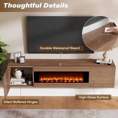 EAG 70'' Floating TV Stand with Fireplace, Modern Wall Mounted Entertainment Center with Storage for TVs Up to 80", High Gloss Media TV Console for Living Room, Decorative Faux Fireplace, Brown