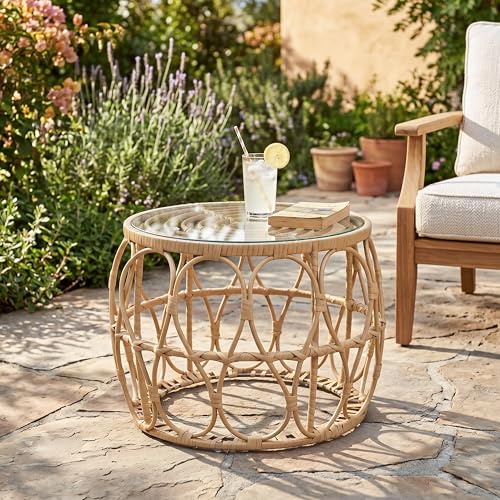 Furniture of America Ysar Boho Rattan Round Coffee Table Outdoor with 5mm Tempered Glass Top, All-Weather and Rust Resistant Patio Furniture - color: Natural/18.9 In.
