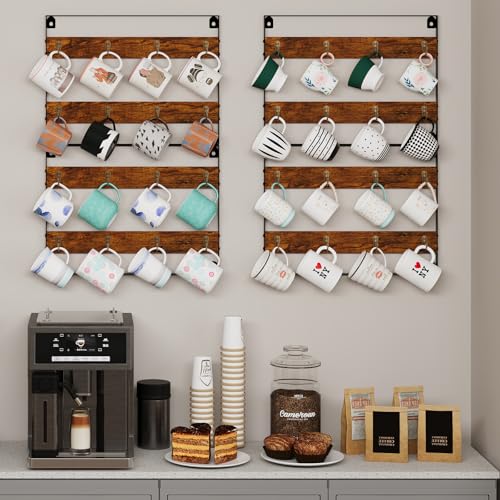 Huxitocan Wall Mount Coffee Mug Holder - Rustic Wood and Iron, Holds Up to 24 Mugs (3Pack) for Kitchen, Home, Coffee Bar - size: 6-tier