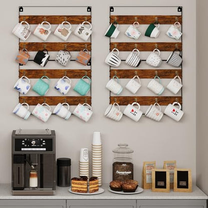 Huxitocan Wall Mount Coffee Mug Holder - Rustic Wood and Iron, Holds Up to 24 Mugs (3Pack) for Kitchen, Home, Coffee Bar - size: 6-tier