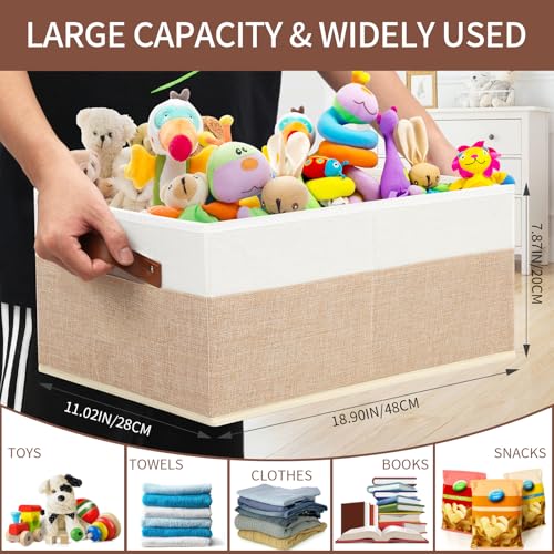 Closet Organizer Bins 3 Pack, Large Storage Bins for Shelves | Foldable Closet Storage Boxes Baskets with Leather Handles for Organizing Clothes, Sheets, Jeans, Toys, Books（Begie） - style: 3 Pack Begie & White