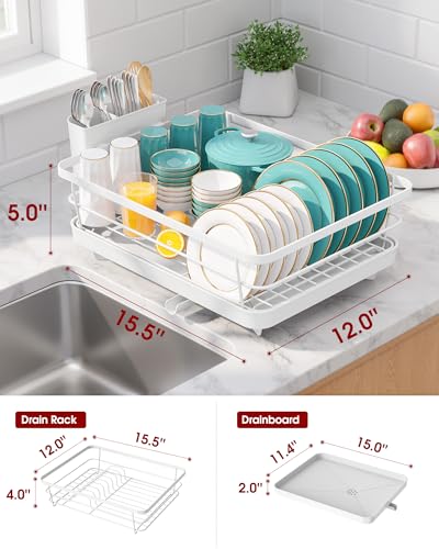 Sakugi Dish Drying Rack - Stainless Steel Dish Rack with Drainboard for Kitchen Counter and Sink, 15.6" D x 12" W x 5" H, White - color: White, size: 15.6"D x 12"W x 5"H