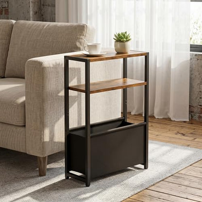 Leomonio Narrow Side Table, Slim End Tables with Fabric Basket, Skinny Table for Small Spaces, Thin Bedside Table for Living Room, Bedroom - color: Rustic Brown