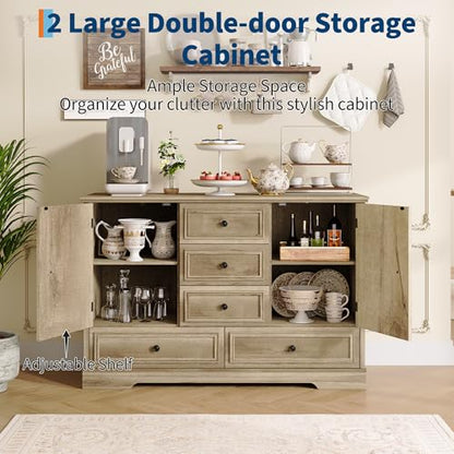 GarveeHome 47" Farmhouse Sideboard Buffet Cabinet, Sideboard Storage credenza with 5 Drawers and 2 Doors, Wood Coffee Bar Cabinet, Buffet Table for Dining Room Living Room, Oak - color: Oak