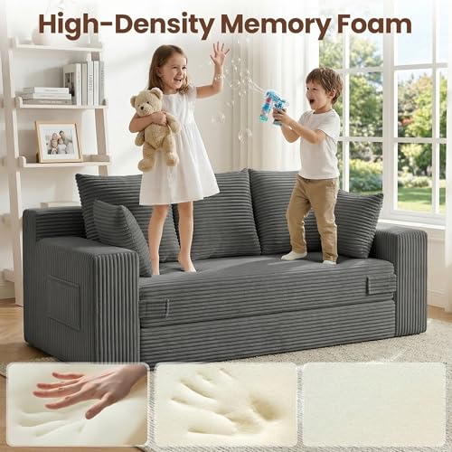 Boneless Couch 70 inch: 3-in-1 Convertible Sofa Bed Futon Couch Bed, Oversized Loveseat Sleeper Sofa with 5 Pillows, Gray Couch for Living Room, Bedroom & Small Space - color: Grey, size: 70 Inch