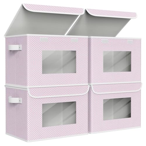 Univivi Fabric Foldable Storage Boxes with Lids, 4 Pack, Pink | 17 x 12 x 12 In Large Stackable Storage Bins with Lids, Closet Organizers and Storage Cube Basket for Home, Office, Bedroom - color: Pink Polka Dot