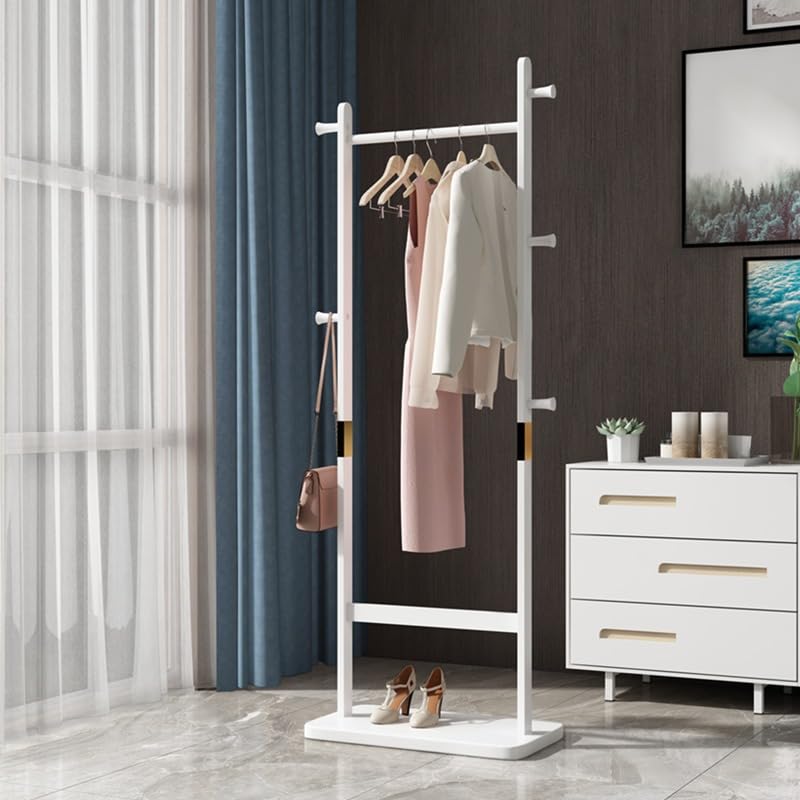 Solid Wood Coat Rack Freestanding, 71" Heavy Duty Clothes Rack with Dual Rods & Hooks, Stable Space Saving Hall Tree Entryway Organizer for Bedroom, Living Room (White) - color: White