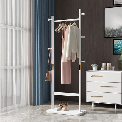 Solid Wood Coat Rack Freestanding, 71" Heavy Duty Clothes Rack with Dual Rods & Hooks, Stable Space Saving Hall Tree Entryway Organizer for Bedroom, Living Room (White) - color: White