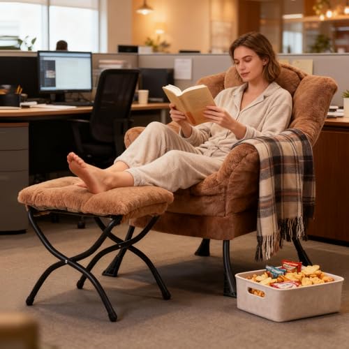 Welnow Lazy Chair with Ottoman, Reading Chair with Footrest, Plush Brown | A Side Pocket,Armrests,Foldable Footrest,Thick Cushioned Seat & Backrest, Lounge Chair for Bedroom,Living Room & Small Space - color: Plush Brown