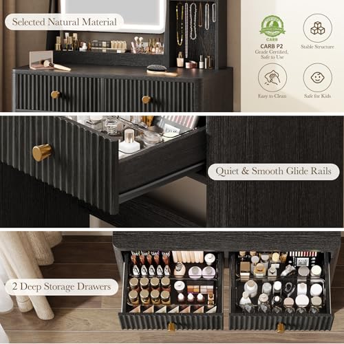 Fluted Makeup Vanity Desk with Mirror and Lights | Small Vanity with 3 Lighting Modes Adjustable Brightness, Jewelry Storage Cabinet and 2 Drawers, Black - color: Black