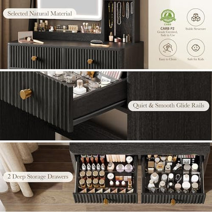 Fluted Makeup Vanity Desk with Mirror and Lights | Small Vanity with 3 Lighting Modes Adjustable Brightness, Jewelry Storage Cabinet and 2 Drawers, Black - color: Black