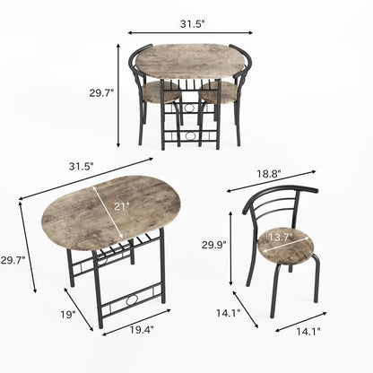 Shahoo 3-Piece Dining Table Set for 2, Kitchen Breakfast Nook Set, Walnut | 2 Chairs & Round Tabletop, Space Saving Wooden Furniture Metal Frame and Built-in Wine Rack - color: Walnut
