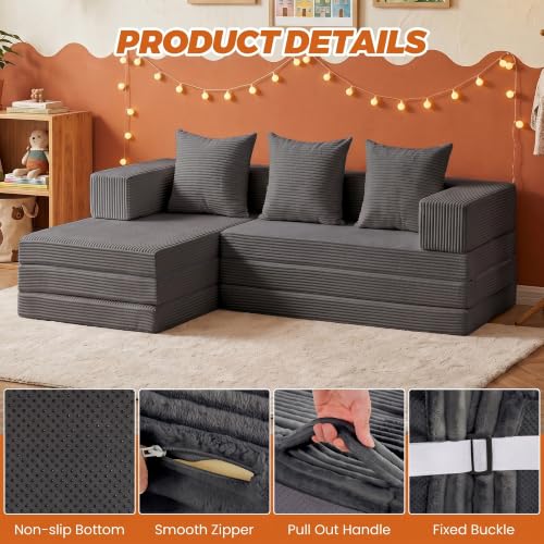 6-in-1 Tri-Folding Mattress | Cloud Boneless L-Shaped Modular Sectional Couches | Corduroy Pet-Friendly Convertible Futon Sofa Bed with 800LB Capacity Apartment, Guest Room, Game Room - color: Grey