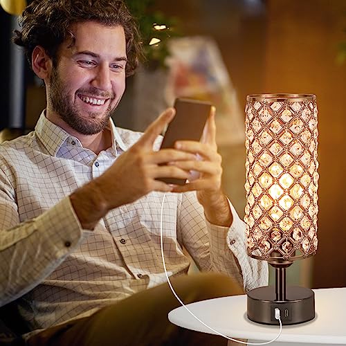 Black Crystal Touch Lamp with USB-C/A, 3-Dim Dimmable for Bedroom, Modern | Table Lamp, Bedside Lamp, Small Touch Light for Living Room Bedroom, Charge Phone, Bulb Included, Crystal Lampshade - color: Black