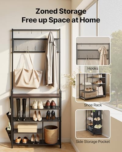 VEVOR Hall Tree, 70.9 in Coat Rack with Shoe Storage, Freestanding 4-Tier Shoe Rack Organizer with Hooks, Side Pocket and Wire Shelf, Steel Frame Entrance Coat Holder for Entryway, Bedroom, Closet - size: High Shoe Rack