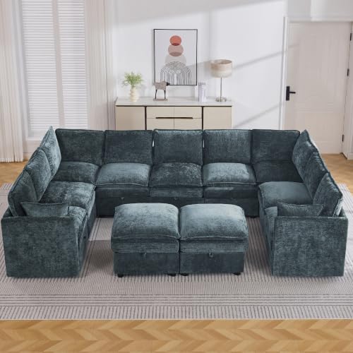 130" Blue Oversized Modular Storage Sofa, U Shaped Chenille Cloud Couch | Oversized Convertible Sectional Sofa, 9-Seat Sectional Couch With 2 Ottomans, Large Cloud Couch For Living Room, Apartment. - color: Blue, size: 130"U-Shape Sofa+2ot