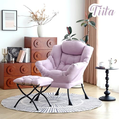 Lazy Chair with Ottoman, Comfy Reading Accent Chair, Purple | Foldable Footrest, Padded Seat and Backrest, Side Pocket for Lounging in Living Rooms, Bedrooms, Dorms and Small Spaces - color: Peach Skin Purple