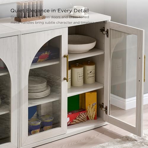 Glass Arched Door Sideboard Buffet Cabinet Set of 2, White | Modular, Multi-Compartment Storage, Adjustable Shelf, Soft Close Hinges, Freestanding, for Dining Room, Living Room - color: White