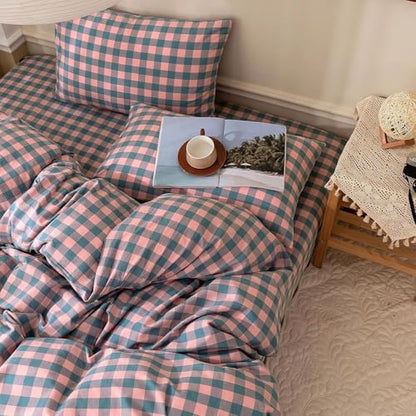 mixinni Plaid Duvet Cover Set Twin Purple - Soft Washed Cotton Modern Geometric Bedding Set with 2 Pillowcases, Pink Blue Gingham Grid Twin Duvet Cover for Men & Women, Soft & Lightweight - color: 02 - Purple/Pink/Blue Plaid, size: Twin