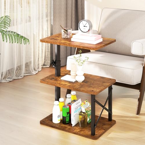 IBUYKE 360° Swivel Height Adjustable C Shaped Side Table,Brown UTVT006H | Tv Tray Table,End Table for Small Spaces Sofa Bed,With Storage Shelf,3-Tier Night Stand,For Living Room,Bedroom - color: Brown