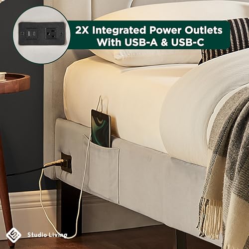Studio Living® Adaline Upholstered Bed, Full Size, USB A + C Power, Storage Sleeve, Velvet Fabric, Light Gray - color: Light Gray, size: Full