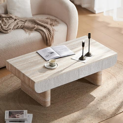 46.85" Coffee Table with Faux Marble Tabletop & Fluted Drawer for Living Room, Modern Rectangular Wooden Centre Table Tea Table for Apartment, Mars Pattern - color: 46.85" Coffee Table With Faux Marble Tabletop,beige