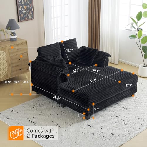 VINGLI 56" Oversized Chaise Lounge Chair, Black Comfy Corduroy Chaise Sofa Recliner Bed Upholstered Sleeper Couch Bed with Throw Pillows and Armrests for Living Room, Movie Room, Bedroom - color: Black, style: Modern