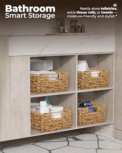 Bluewest Water Hyacinth Storage Baskets, Set of 6, Woven Bins with Handles | Organizer and Laundry Basket with Carrying Handles, Designed as a Rattan Bin for Shelves, Closets and Household Essentials. - color: Natural