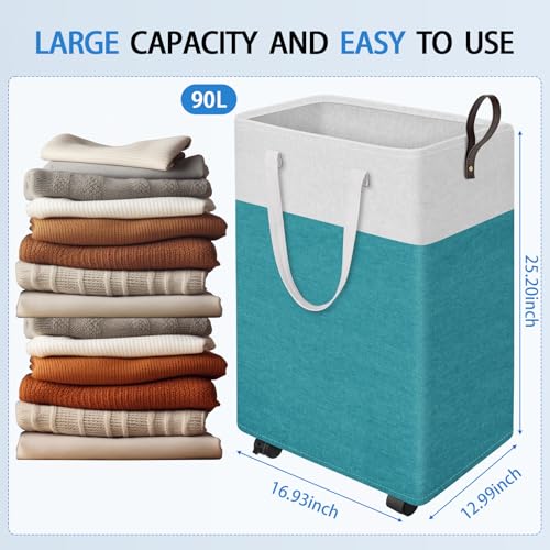 HomeHacks 90L Rolling Laundry Basket with 4 Wheels Collapsible Green | 4 Wheels, Waterproof PEVA Lining, Cotton Flax Fabric, Metal Frame, Bathroom Laundry Room Dorm Storage, Space-Saving Design - color: Green, size: 90l