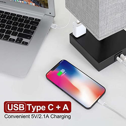 Bedside Table Lamp for Bedroom - Touch Small Lamp with USB C+A Charging Ports & AC Outlets, 3 Way Dimmable Nightstand Light for Living Room (LED Bulb Included, Grey) - color: Gray