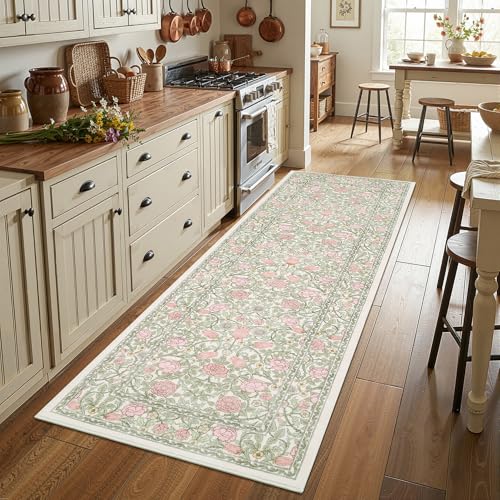 GarveeHome Pink Green Beige Floral 2x6 Kitchen Runner Rug for Hallways | Washable Entryway Bedroom Bathroom Girls Dorm Rug Vintage Boho Rugs Low-Pile Non-Slip Stain Resistant TPE Backing - color: A Beige / Pink, size: 2' x 6' (Runner)