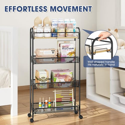 TOOLF 4-Tier Slim Rolling Cart, Metal Utility Cart, Slide Out Storage Cart with Wooden Tabletop and Mesh Baskets for Narrow Space on Kitchen Bathroom Laundry Room Bedroom Apartments Dormitory - size: Slim, style: Black