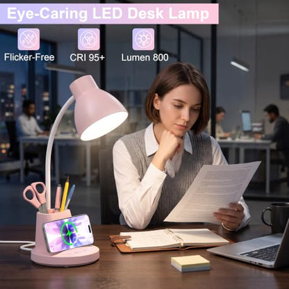 10W Wireless Charging LED Desk Lamp with Pen Holder, CRI 95, Pink | 800LM, 3 Modes, 360°Flexible Arm, Touch, Brightness, Table Lamp for Home Office, Dorm, Bedside, Study, Reading, with Adapter - color: Pink
