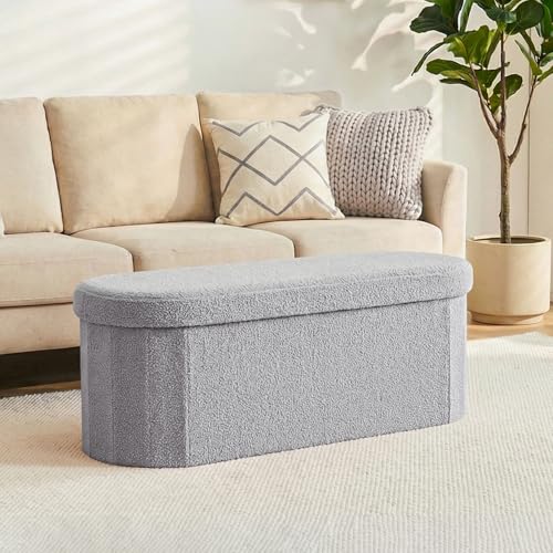 43 Inches Oval Ottoman with Storage, Boucle Sherpa Storage Ottoman Bench, Folding Foot Rest Chest for Bedroom Living Room - color: Grey, size: 43"D x 15"W x 15"H