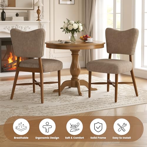 Farmhouse Dining Chairs Set of 2, Linen Seat, Wood Legs, Brown | Mid Century Modern, Upholstered Padded Cushion, Solid Wood Cross-Brace, Easy 15-Min Assembly, Kitchen Dining Room - color: Brown, size: Set of 2