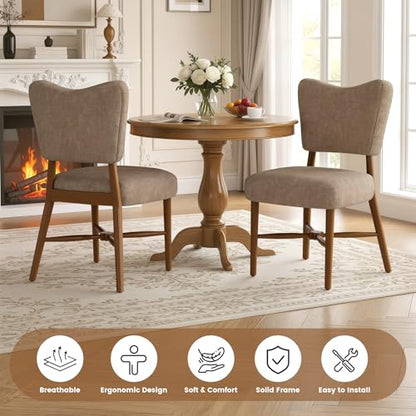 Farmhouse Dining Chairs Set of 2, Linen Seat, Wood Legs, Brown | Mid Century Modern, Upholstered Padded Cushion, Solid Wood Cross-Brace, Easy 15-Min Assembly, Kitchen Dining Room - color: Brown, size: Set of 2