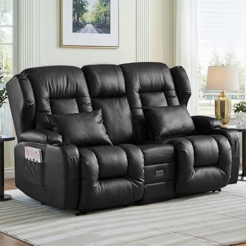 Loveseat Recliner Sofa,RV Wall Hugger Recliners with Flip-up Console,Reclining Loveseat Sofa Recliner with Cup Holders/Lumbar Pillows for Small Spaces,RV Furniture (Black,68" 2-Seater) - color: Black, size: 68" 2-Seater