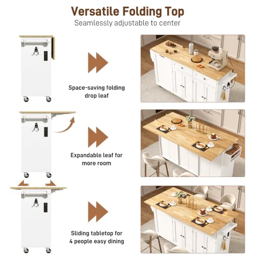 67" Large Movable Kitchen Island w/Sliding Drop Leaf,Power Outlet, Kitchen Rolling Island Cart w/ 2 Drawers, Island Table on Wheels w/ Trash Storage Cabinet,Spice Rack, Towel Bar,Garage Hook, White - color: White, size: 17.7"D x 66.9"W x 35.8"H