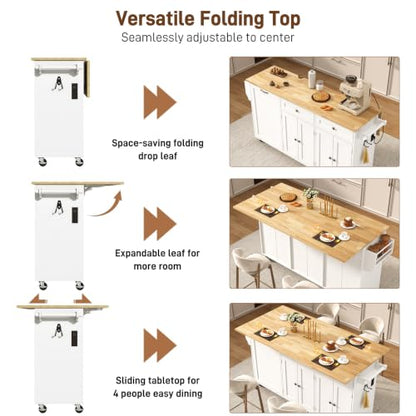 67" Large Movable Kitchen Island w/Sliding Drop Leaf,Power Outlet, Kitchen Rolling Island Cart w/ 2 Drawers, Island Table on Wheels w/ Trash Storage Cabinet,Spice Rack, Towel Bar,Garage Hook, White - color: White, size: 17.7"D x 66.9"W x 35.8"H