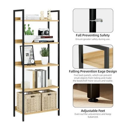NUMENN Bookshelf, 5 Tier Bookshelves, Home Office Bookcase Shelf Storage Organizer, Free Standing Storage Shelving Unit for Bedroom, Living Room and Home Office, Natural | Metal Frame & Wood Shelves, Falling Prevention Baffle, Open Storage Bookcase for Be