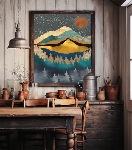 Boho Wall Art for Bedroom - Large Oversize Unframed Rolled Canvas 24x36 Living Room - Modern Boho Moody Room Decor - Texured Metallic Mountain Moon Sun - Emerald Green Marble Golden Nature Tree Forest - size: 24"L x 36"W
