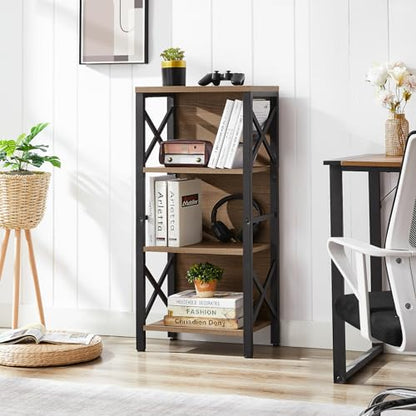 MNEETRUNG Small Bookshelf,4 Tier Industrial Bookcase with Metal Frame and Backboard,Narrow Rustic Brown Book Shelf,Book case for Small Spaces,Living Room,Bedroom and Home Office - color: Brown, size: 4-Tier (15.7"W x 11"D x 39.5"H)