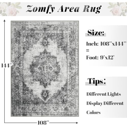 Area Rug 9x12 Vintage Rugs: Large Washable Indoor Medallion Rug Low Pile Distressed Floor Carpet Retro Accent Rugs for Living Room Bedroom Kitchen Dining Table Home Office(Black, 9'x12') - color: Black, size: 9' x 12' (Rectangular)