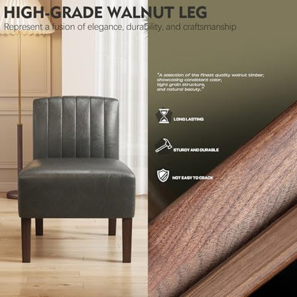 VIRRMO Armless Accent Chairs Set of 2 Upholstered Dining Chairs Living Room Chairs with Solid Wood Legs Bedroom Chair Leather Reading Chair Comfy Chair for Bedroom Vanity Kitchen (Grey) - color: Leather-grey