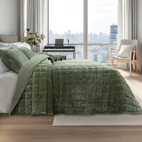 Velvet Quilt King Size, Luxury Soft Bedding Set, Lightweight Cozy Warm Quilted 3-Piece Velvet Coverlet Bedspread Set with 2 Pillow Shams for All Season, Green - color: Green, size: King(98"x106")